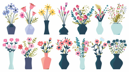 Spring flowers in vases. Many floral bunches summer  - obrazy, fototapety, plakaty