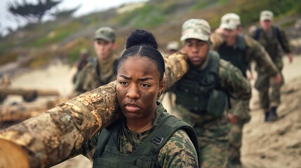 Woman undergoing Navy SEAL qualification training - obrazy, fototapety, plakaty