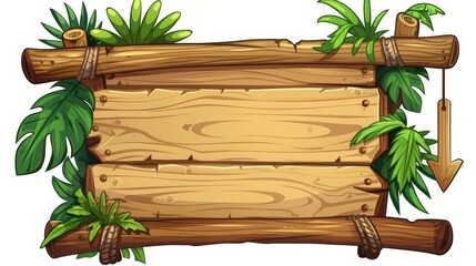 Cartoon illustration of wooden jungle game UI sign board in summer. Tropical menu label on a wooden stick isolated on white. Arrow for direction for summer interface. Clipart illustration of a - obrazy, fototapety, plakaty