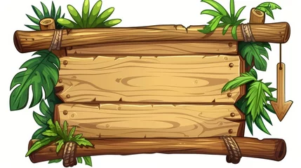 Foto op Canvas Cartoon illustration of wooden jungle game UI sign board in summer. Tropical menu label on a wooden stick isolated on white. Arrow for direction for summer interface. Clipart illustration of a © Mark