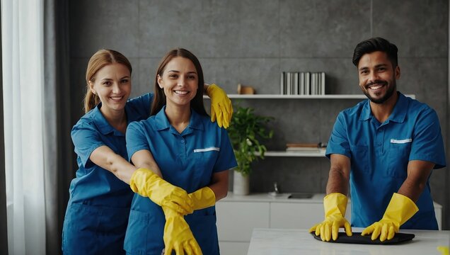 Team of service cleaning staff, home and office cleaners, giving high five with smile