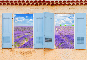 provence window with view of lavender flowers field, France