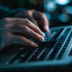 A person types on a laptop keyboard with a credit card on top of it.
