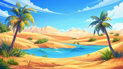 Fototapeta na wymiar In the desert, oasis with palm trees and lake. Landscape with sand dunes, grass, water, and green plants, modern cartoon illustration.