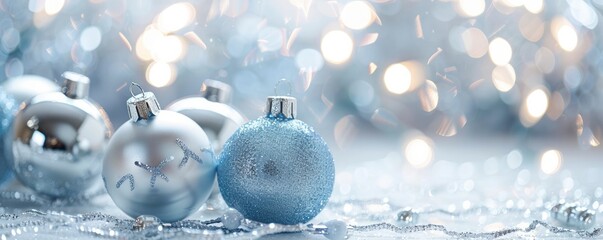 light blue christmas decoration with silver ornaments on white background with bokeh effect. Merry Christmas - obrazy, fototapety, plakaty