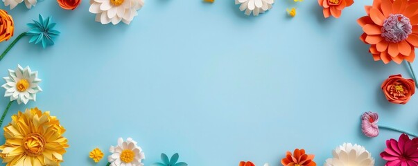 Colorful paper flowers arranged in the shape of an oval frame on a light blue background