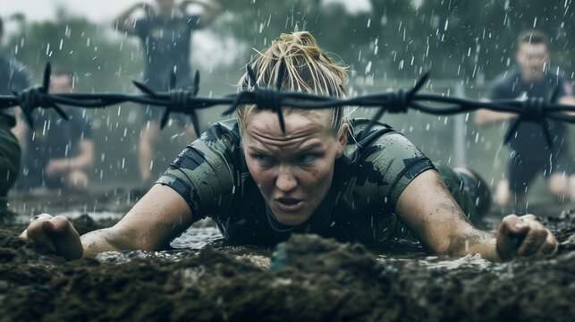 Woman crawling under barbed wire in a tough military training exercise.