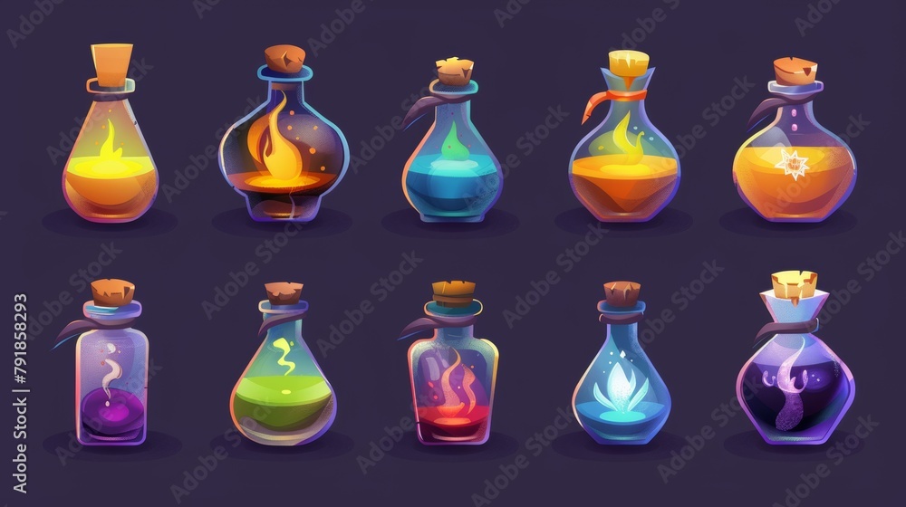 Aufkleber an elixir glass bottle with a potion for games. cartoon alchemy flask with liquid medicine for app i