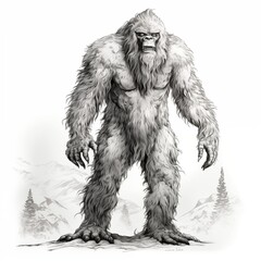 Black and White Illustration of the Yeti on a White Background