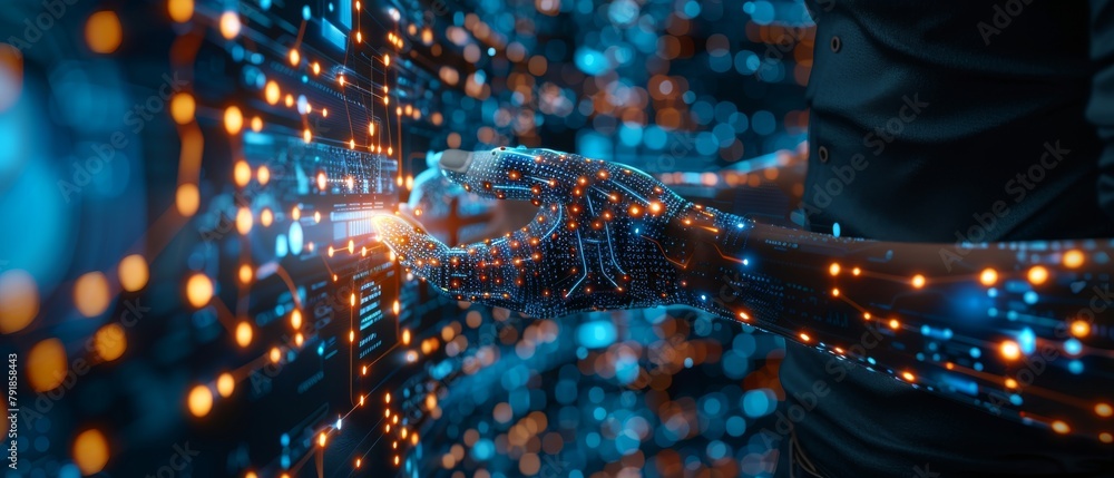 Poster an ai concept with cyber security, businessmen use ai technology to protect their data and detect vi