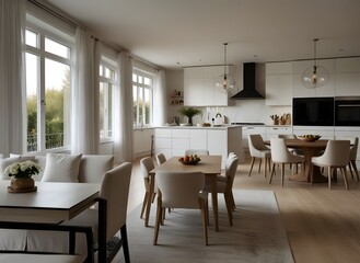 Luxurious interior design of white kitchen, dining room with windows and living room in one space
