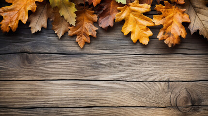 fall oak leaves border on an old wood background сreated with Generative Ai