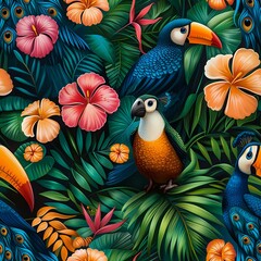Tropical Fantasy: Exotic Birds and Lush Foliage in a Vibrant Jungle