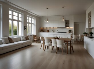 Luxurious interior design of white kitchen, dining room with windows and living room in one space
