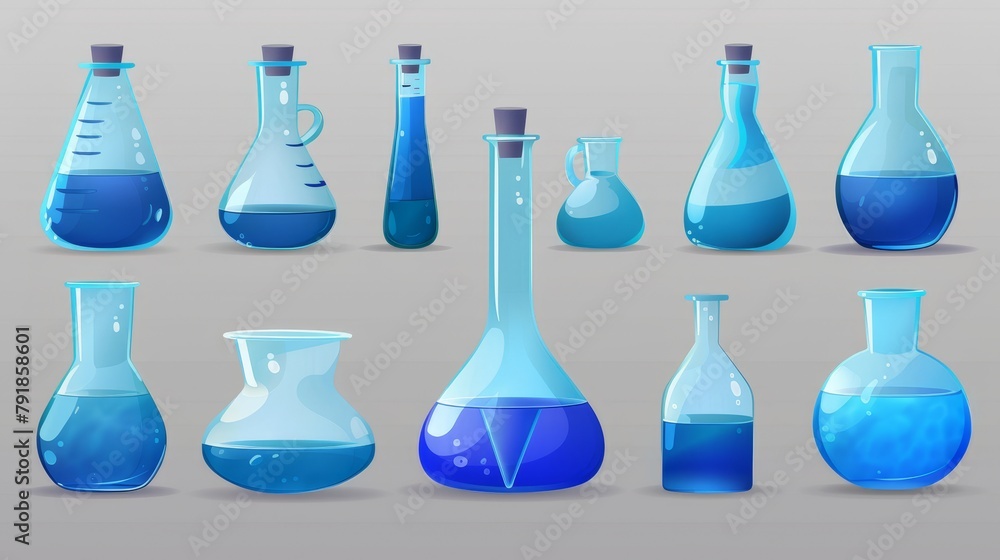 Aufkleber an empty measuring bottle and chemical container collection with an empty chemistry laboratory test 