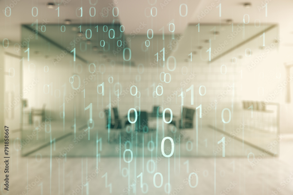 Aufkleber Abstract virtual binary code hologram on a modern furnished classroom background, AI and machine learning concept. Multiexposure