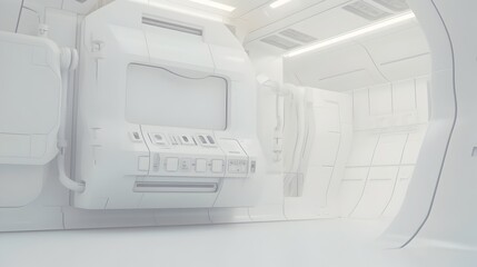 Sleek and Futuristic Science Fiction Lab or Spacecraft Interior in White Minimalist Design