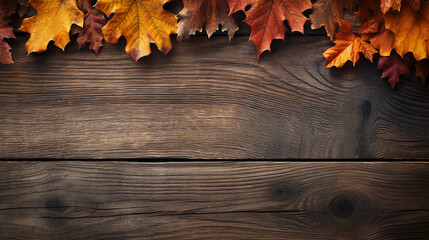 Naklejka na ściany i meble fall oak leaves border on an old wood background сreated with Generative Ai