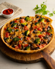 Vegetable quiche with vegan broccoli made with a traditional French recipe.