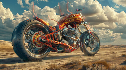 Closeup view of Dramatic image of a motorcycle engulfed in flames at sunset in desert.