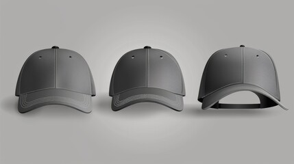 Various views of a baseball cap. Realistic modern templates of gray snapback hats with visors. Blank sport uniform headwear elements - cotton clothing.