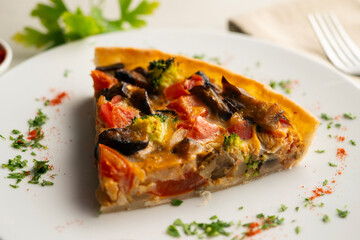 Vegetable quiche with vegan broccoli made with a traditional French recipe.