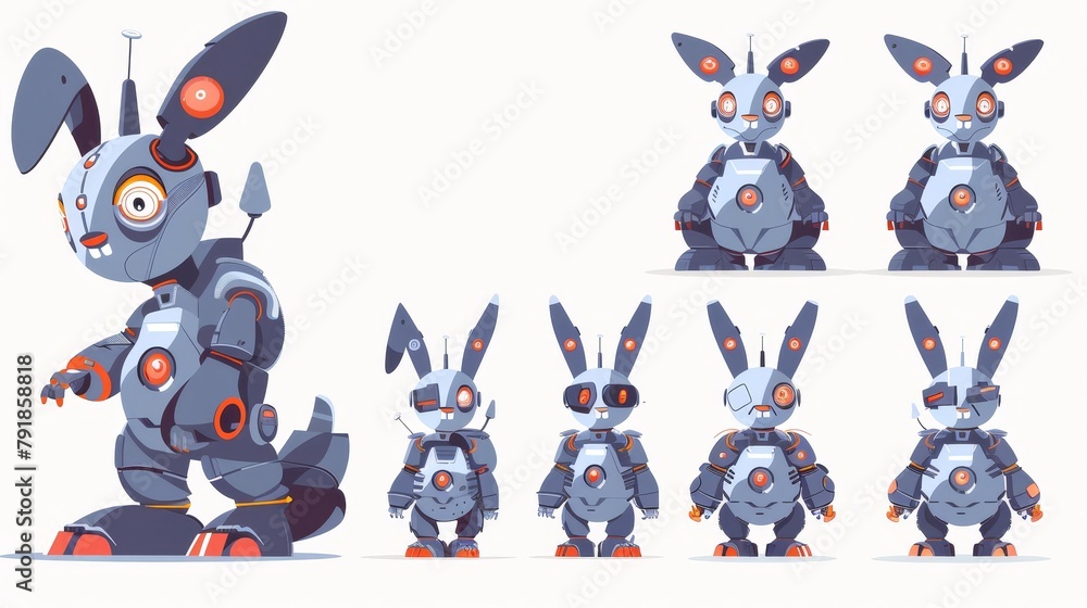 Poster the evolution of a bunny robot. modern illustration of futuristic ai character progressing from a sm