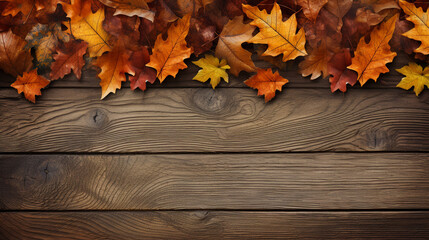 fall oak leaves border on an old wood background сreated with Generative Ai