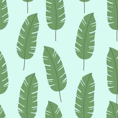 Seamless pattern with tropical green leaves. Tropical leaves pattern, jungle leaves seamless vector floral pattern. For textile. Summer background in pastel color