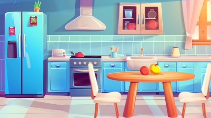 Cartoon background design of a kitchen room with dining table. A modern fridge, stove, sink, and stove inside an apartment. A blue wall decoration and gray cooking appliance are part of the scene.