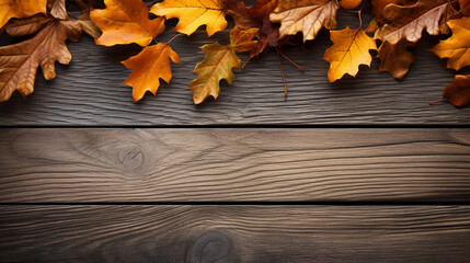 Naklejka na ściany i meble fall oak leaves border on an old wood background сreated with Generative Ai