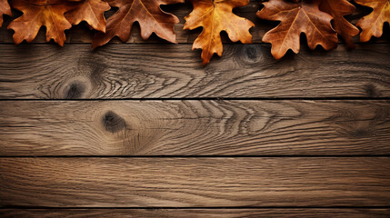 Fototapeta premium fall oak leaves border on an old wood background сreated with Generative Ai