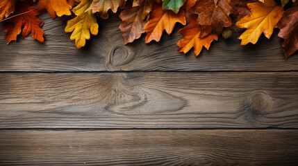 fall oak leaves border on an old wood background сreated with Generative Ai