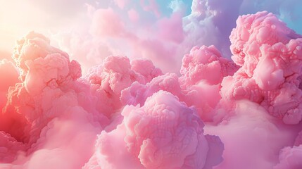An abstract heaven texture with fluffy pastel clouds in a blue sky at sunset. Cute 3D cotton candy illustration.