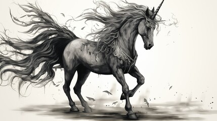 Black and White Illustration of a Unicorn on a White Background
