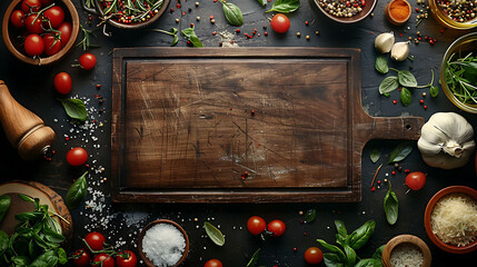 Italian food cooking ingredients on dark background with rustic wooden chopping board in center, top view, copy space, hyperrealistic food photography - Powered by Adobe