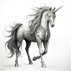 Black and White Illustration of a Unicorn on a White Background