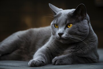 A relaxed gray cat exuding tranquility with amber gaze, surrounded by peaceful silence