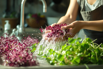 A woman carefully rinsing vibrant red clover sprouts under running water, food hygiene and freshness.