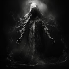 Black and White Illustration of a Wraith on a Black Background - obrazy, fototapety, plakaty