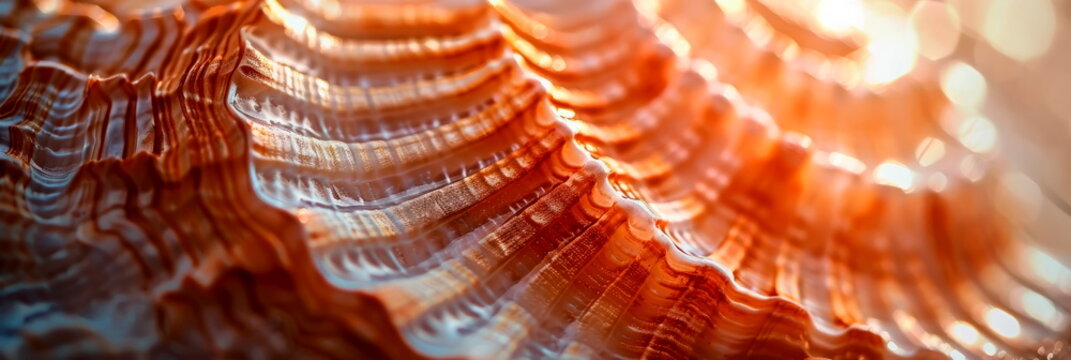 Detailed of a textured seashell, highlighting the intricate patterns and ridges of the shell's surface. Generative AI
