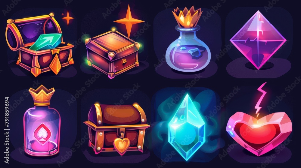 Poster an icon set with chest, coin, and heart features in a casino ui game. it also contains hourglass, li
