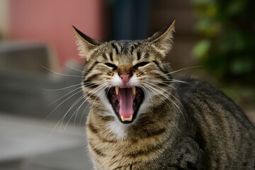 Naklejka na ściany i meble Tabby cat mid yawn, pink tongue and sharp teeth, whiskers displayed, outdoors