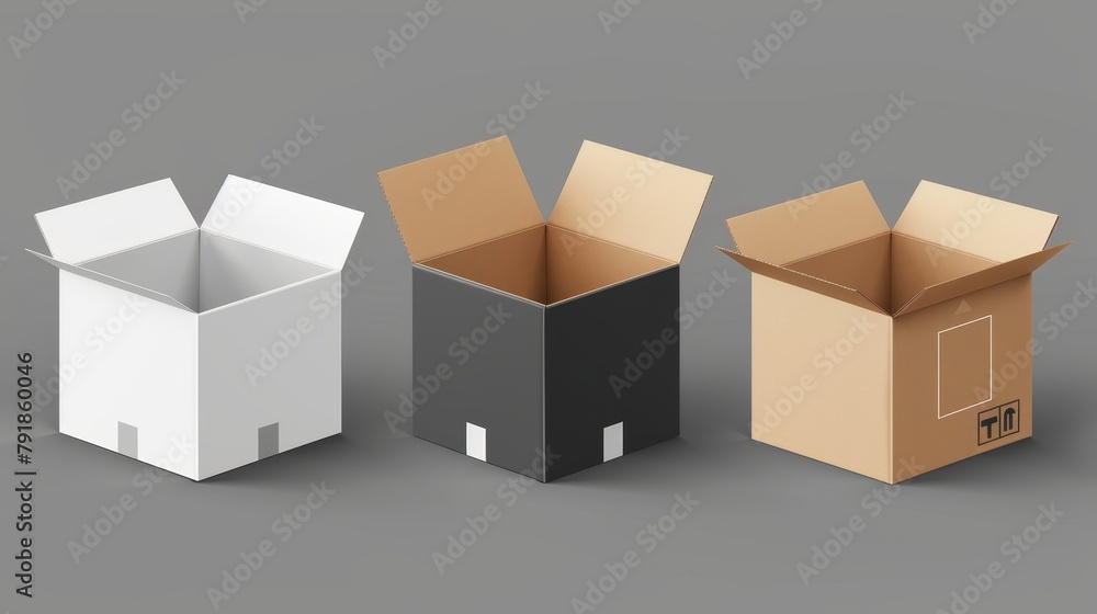 Poster empty carton package for cargo and shipping in 3d render modern set. rectangular paper parcel with l