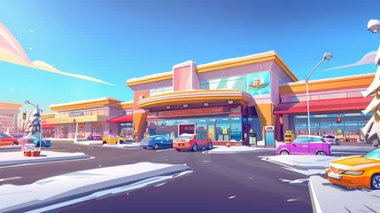 Fotobehang Winter parking at supermarket entrance, with transportation parked in special places near large store with cafe and entertainment. Cartoon cityscape with snowy hypermarket facade plus auto. © Mark
