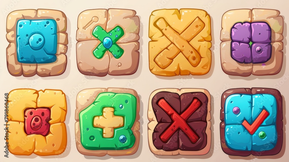 Poster set of modern graphic elements with stone texture and game buttons for mobile apps, including play, 