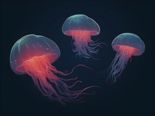 Translucent Glowing Sea Jellyfishes in a Futuristic Digital on a Dark Background