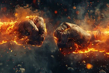 Two fists covered flames, conflict and fight allegory