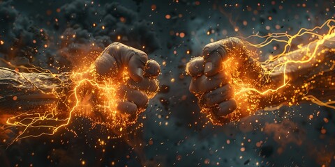 Two fists covered flames, conflict and fight allegory - obrazy, fototapety, plakaty
