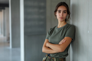 Confident Young Woman in Casual Military Style Outfit

